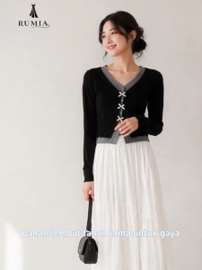 RUMIA Korean style ladies loose long sleeve shirt blouse shirt women shirt Fake 2 Pieces black+gray Bow Long Sleeve V Neck ShirtsREADY STOCK