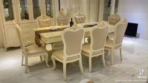 Bộ bàn ăn 8 ghế dát vàng tân cổ điển gỗ tự nhiên nhập khẩu 939B