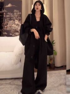 Autumn and Winter Clothing Matching a Set of Suit Womens Fancy Mid Length Long Length Loose Sweater Coat + Mop Pants Two-piece Set