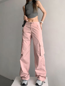 Retro Spicy Girl Low Waist Drawstring Pocket Work Pants Womens Loose Straight Casual Trousers Pink Floor-Length Baggy Trousers