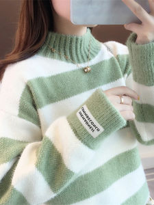 Stripes Sweater Womens Fall and Winter Loose and Lazy Style Junior and Middle School Students Womens Fleece-lined Thickened Bottoming Shirt Heattech Tops