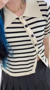 6138 Shelby Button Collar Stripe Knit Crop Top Blouse Atasan Wanita