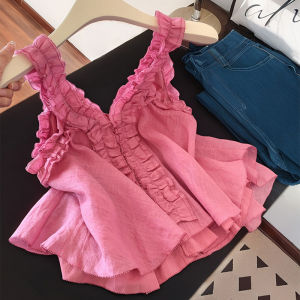 Sweet Gentle Design Wooden Edge Halter Vest Women Summer Super Beautiful Anti-Aging V-neck Doll Shirt Top Breathable Casual Wear