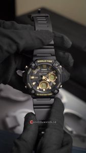 Jam Tangan Pria Casio AEQ-120W-9A Analog-Digital Gold Dial Black Resin Band