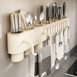Kitchen Multi-Function Integrated Knife Rack Chopsticks Holder Storage Shelf Wall Mounted Carbon Steel Utensil Organizer