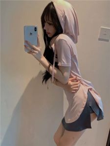 Korean Fashion Summer Short Sleeve Drawstring Hooded Top 韩系纯色短袖连帽衫