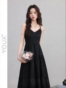 YOUXIANG | Đầm Dây A-Line Đen Có Dải Xòe
