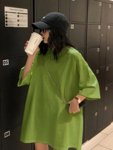 Avocado Green Loose Womens T-shirt Summer New Style Half Missing Lower Body Mid-Length Short-Sleeve round Neck Cotton Blend