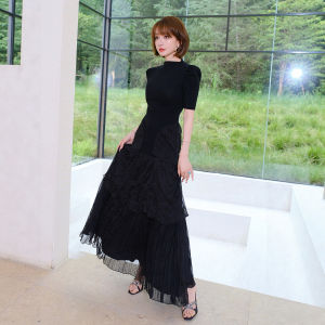 Elegant Black Bubble Sleeve Back Tie Dress