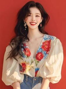 Unique Floral Print Loose Bubble Sleeve Shirt Womens Casual Style V-Neck Short Sleeve Polyester Fiber Fashionable Top