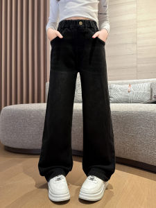 Girls Wide Leg Jeans Straight Cut Spring Autumn Fashionable Black Denim Trousers High Waist Long Pants for Kids And Toddlers