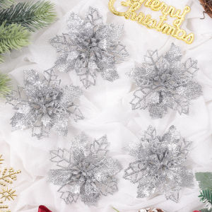 5Pcs Pink Sparkle Artificial Flowers Christmas Decoration Christmas Tree Decor Garland Ornaments For Home Wedding Navidad Decor