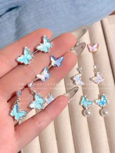 Laser Ice through Butterfly Silver Stud Earrings Fairy Sweet Small Crowd Design Fresh Gentle Elegant Girly Earrings