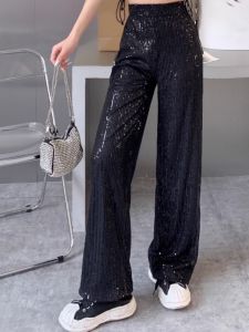 Shiny Sequin Wide Leg Pants High Waist Velvet Straight Cut Long Pants Sparkling Commute Style Korean Fashion Casual Trousers