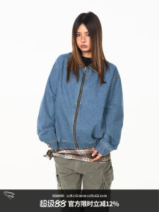 Blackbb American Retro Loose Collar Splicing Denim Jacket Short Versatile Womens Top Street Style Cotton Polyester Blend