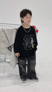 Pants For Kids Boys American Casual Ripped Vintage Jeans Black Wide-leg Pants Super Loose Sports Pants