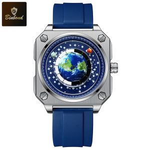 BINBOND Brand Watch For Men Rotating Earth Dial New Concept Creative Blue Planet Non Mechanical Pointer Silicone Strap Men Watch