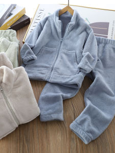 Coral Fleece Childrens Home Clothes Set Trendy Zipper Jacket Long Pants Spring Autumn Boys Sleepwear Comfortable Breathable