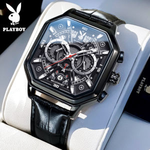 PLAYBOY Watch For Men Waterproof Original New Square Design Fashion Multifunction Calendar Luminous Genuine Leather Strap Business Mens Watch