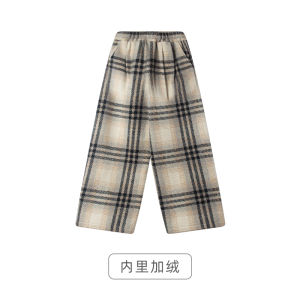 Thick Woolen Plaid Straight Leg Pants Fleece Lined Winter Trousers for Girls Childrens Clothing Casual Style Elastic Waist