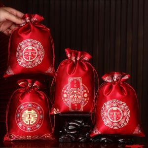 Chinese Style Wedding Candy Bag Festive Flower Printing Drawstring Pouch Velvet Portable Wedding Chocolate Gift Bag