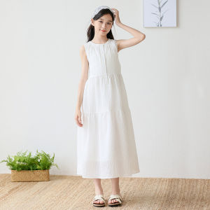 Casual Summer Beach Style Girls Cotton Blend Chiffon Vest Dress Korean Style A-Line Skirt Single Color Trendy Summer Wear