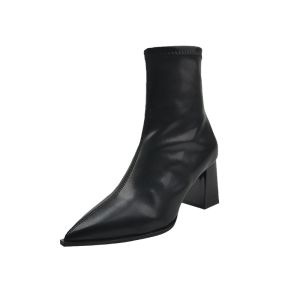 French Elastic Slim Boots Womens Pointed Toe Ankle High Chunky Heel Short Booties Fashionable Winter Shoes for Young Adults