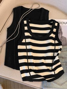Áo Ba Lỗ Dệt Kim Kẻ Sọc Không Tay Thời Trang Mùa Hè Dành Cho Nữ Áo Lót Cổ Chữ V Áo Ba Lỗ Hở Lưng Áo Ba Lỗ Ôm Vừa Vặn