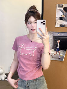Pink Shoulder Baring Short Sleeve T Shirt Womens Slim Fit Short Style Summer Fashionable Casual Cotton Blend Top for Young Women