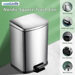 JustLiving 1pcs 5/7/9/12L Square Kitchen Bedroom Stainless Steel Pedal Ins Style Trash Can Large Capacity Living Room Anti-Fingerprint Mute Pedal Type Rubbish Trash Garbage Bin with Slow Down Close Cover
