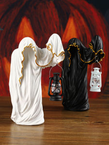 Halloween Ghost Lantern Decorative Piece Black And White Robe with Light Tabletop Decoration Festive Atmosphere Setup Props Nordic Style Resin