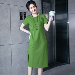 Váy Sơ Mi Cotton Màu Đen Đơn Giản Thoải Mái Mùa Hè 2025 Dáng Rộng Dài Tay Cổ Tròn Váy Công Sở Thường Ngày