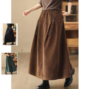 Retro Solid Color Corduroy A-Line Mini Skirt High Waist Belted Design plus Size Womens Autumn Winter Long Skirts