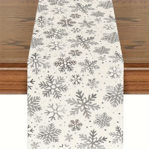 VIKAMA Merry Christmas Snowflake Print Linen Table Runner Holiday Dining Party Indoor and Outdoor Table Decoration