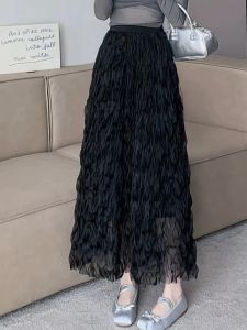 Elegant Lace Half Skirt Womens Fluffy Tulle Midi Skirt Fashionable High Waist Korean Style Commute Folded High Waist Other Material Cake Skirt