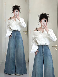 XUECAIQI | Spring Korean Style White Shirt Blue Jeans Set