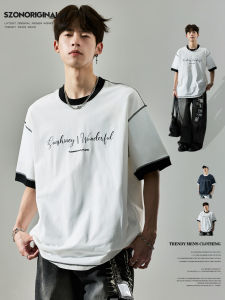 SZON | American Floral Embroidery Contrast Color Faux Two-Piece Short Sleeve T-Shirt
