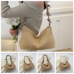 LANGJ Dây kéo Túi đeo chéo dệt rơm Sức chứa lớn Phong Cách Bohemian Túi xách dệt Hợp thời trang Dây đeo vai có thể điều chỉnh Túi đeo vai dệt thoi Nữ