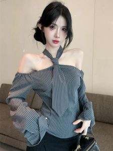 GUZILIAN | Chic Long Sleeve Shoulder Bared Womens Shirt Stripe Pattern Unique Design Luminous Lantern Sleeve Sweet Style Autumn Top