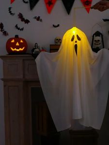 Halloween Hanging Ghost LED Lights Satin Plaid Easy to Hang Decorations Ghost Festival Room Outdoor Party
