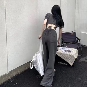 Áo Thun Tay Ngắn Ngắn Mùa Hè Mới Màu Trơn Cao Cấp Hở Lưng Quần Ống Rộng Cạp Cao Thường Ngày Cho Nữ Bộ Hai Mảnh