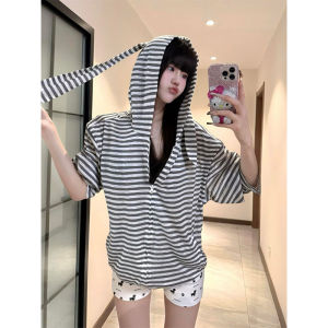 Korean Style Striped Rabbit Ear Hoodie Womens Spring Autumn Loose Versatile Zipper Cardigan Outerwear Trendy Sweatshirt