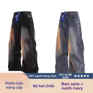 Quần Jeans Nam Ống Rộng Thẳng Washed Phong Cách American High Street Mùa Thu