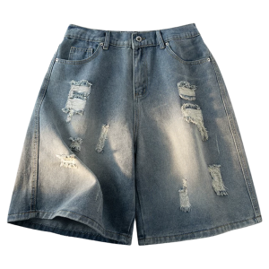 OUMULONG | Quần Short Jean Xanh Ripped Cổ Điển