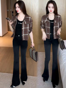 Fashionable Plaid Shirt Womens Short Sleeve Long Sleeve Korean Style Commute Polyester Fiber Handmade Worn out Regular Fit