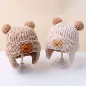 เครื่องป้องกันหูเสื้อถัก-ถูกหมวกเด็กชายปอมปอมปอมน่ารัก หมวกทรง Beanie สำหรับเด็กวัยหัดเดิน