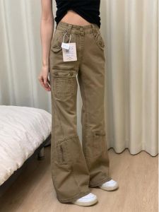 American Style Workwear Flared Denim Jeans Womens Small Size High Waist Loose Slimming Design Multi-Pocket Wide Leg Pants