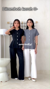 Atasan Blouse Wanita Kancing Floral Kerah Bulat Detail Pleats Feminin Elegan Kasual SBJ-8023