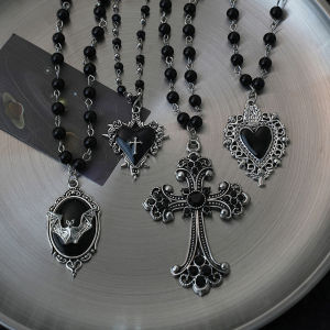 Vintage Gothic Bat Cross Dark Pendant Necklace Y2K Personalized Thorn Love Black Bead Stacked Necklace Suitable Halloween Gifts