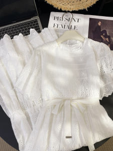 PAIBOLI | Large Size Beach Vacation Style Embroidered Hollow Out Hook Flower White Belted Waist Dress Women A-Line Midi Summer Dress